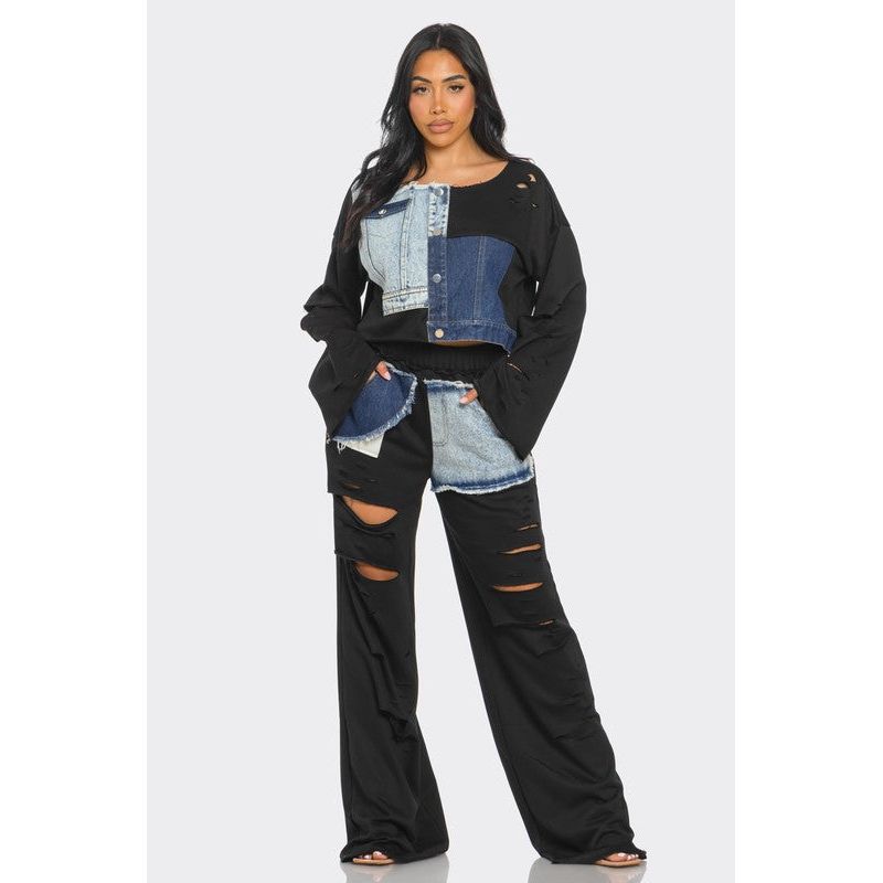 Distressed Denim Patchwork Set