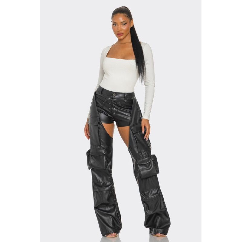 Cut Out Leather Cargo Pants