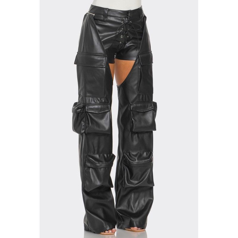 Cut Out Leather Cargo Pants