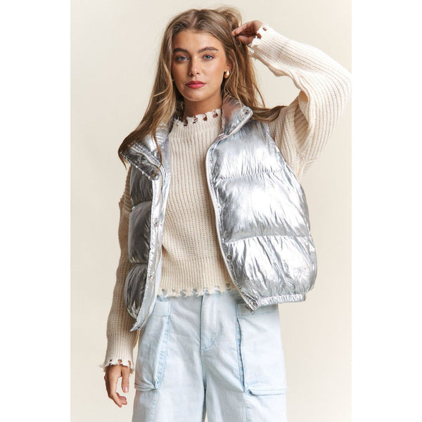 J.NNA Snap and Zipper Shiny Metallic Puffer Vest