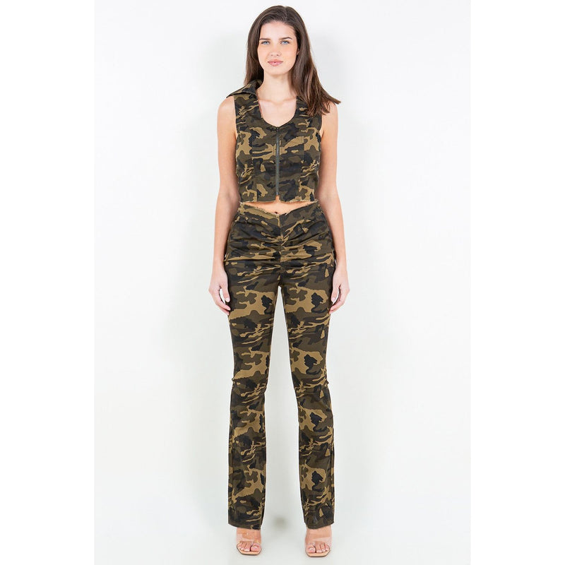 American Bazi V-Cut Ruched Camo Flare Pants