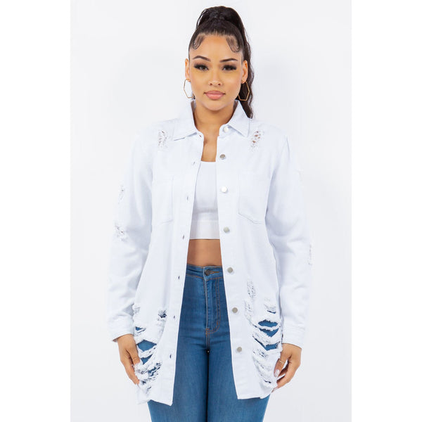 American Bazi Distressed Button Up Long Sleeve Denim Jacket- White