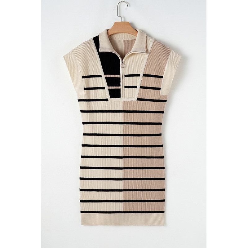 Stripe Color Block Zip Short Sleeve Sweater Dress