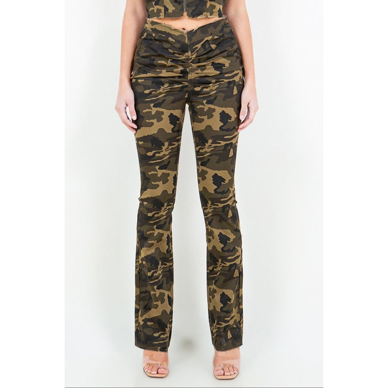 American Bazi V-Cut Ruched Camo Flare Pants