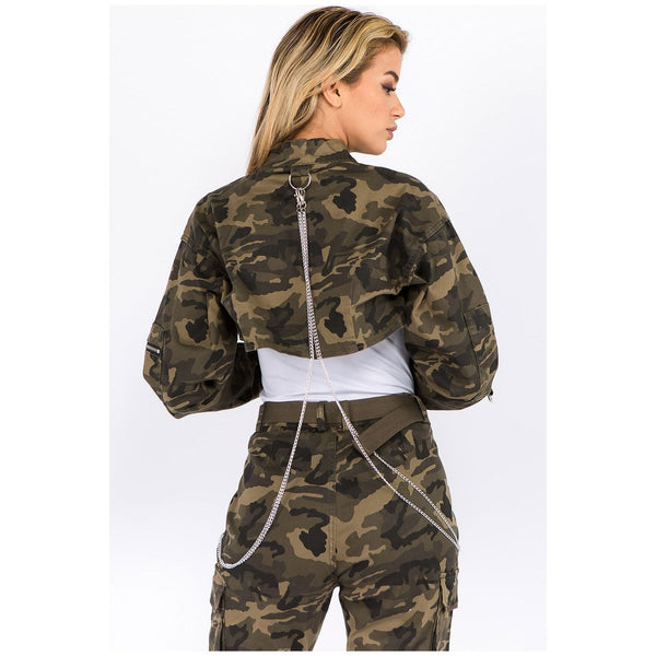 American Bazi Camouflage Cropped Jacket with Chains