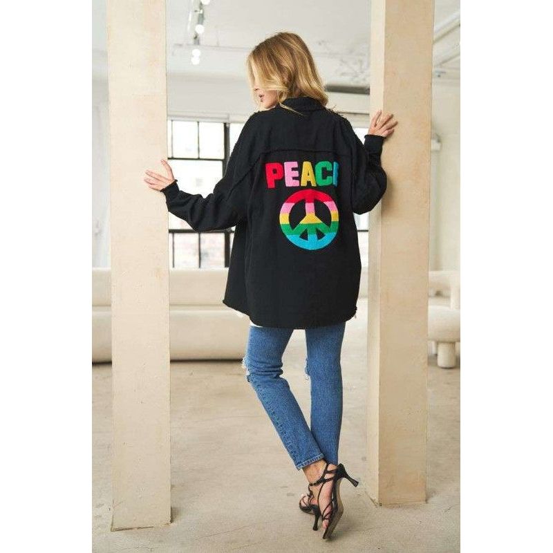 Multi Color Lettering Peace Symbol Button Up Shirt