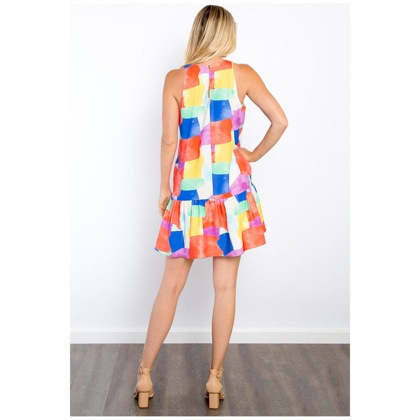Be Stage Abstract Print Ruffle Hem Mini Dress with Pockets