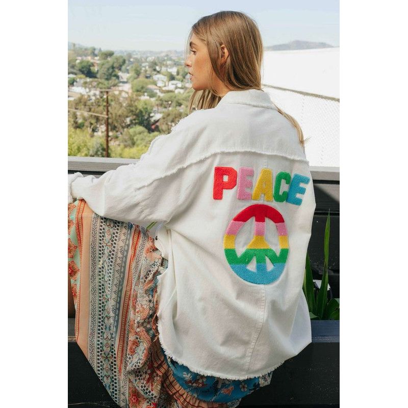 Multi Color Lettering Peace Symbol Button Up Shirt