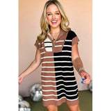 Stripe Color Block Zip Short Sleeve Sweater Dress