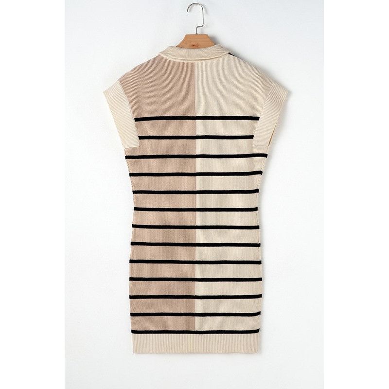 Stripe Color Block Zip Short Sleeve Sweater Dress