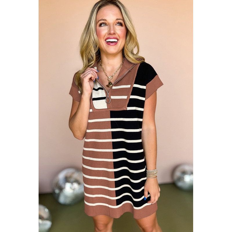 Stripe Color Block Zip Short Sleeve Sweater Dress