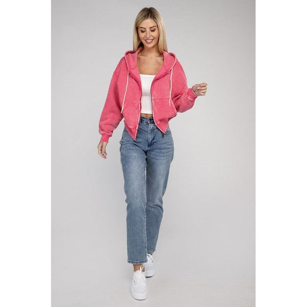 Acid Wash Fleece Cropped Zip-Up Hoodie