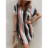 Contrast Stripes Notched Short Sleeve Mini Dress