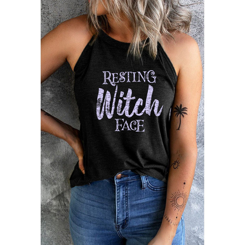 Round Neck RESTING WITCH FACE Graphic Tank Top