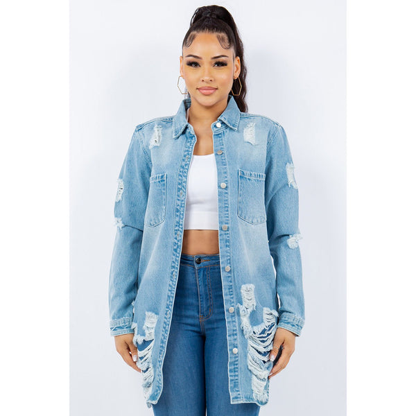 American Bazi Distressed Button Up Long Sleeve Denim Jacket