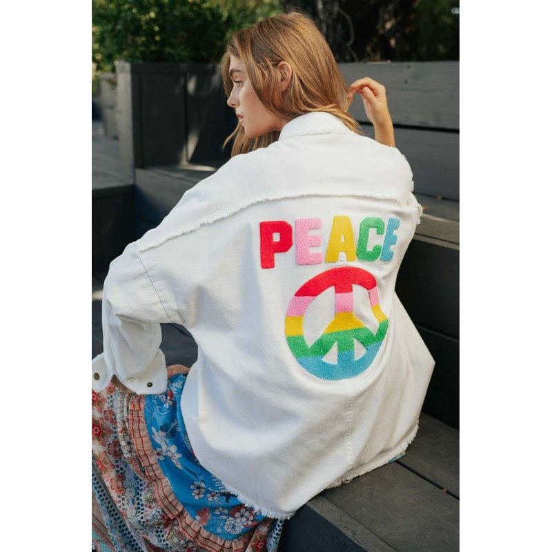 Multi Color Lettering Peace Symbol Button Up Shirt