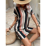 Contrast Stripes Notched Short Sleeve Mini Dress