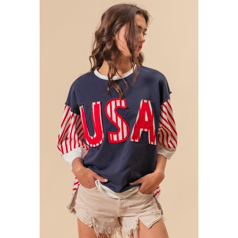 BiBi USA Letter Patchwork Contrast Short Sleeve T-Shirt