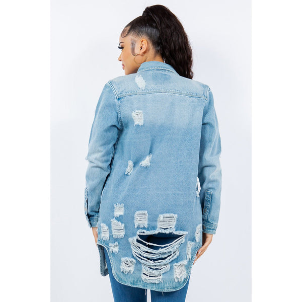 American Bazi Distressed Button Up Long Sleeve Denim Jacket