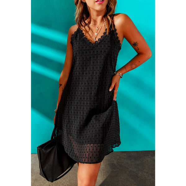 Swiss Dot Lace Trim V-Neck Dress - Spicie's Boutique