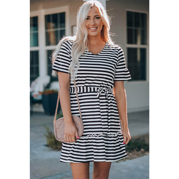 Striped Tie Waist Frill Trim Dress - Spicie's Boutique