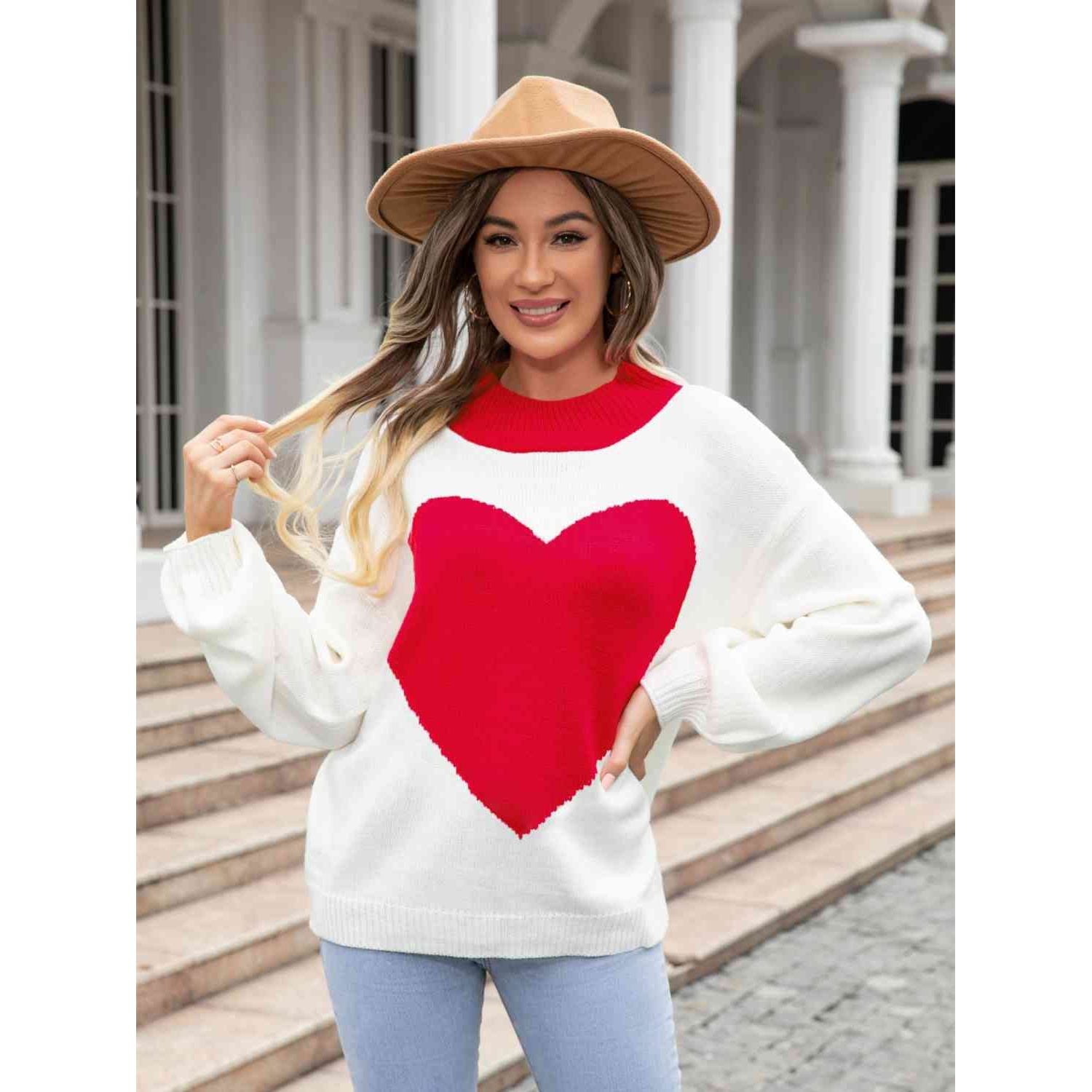 Red Crew neck sweater with heart pattern - Buy Online