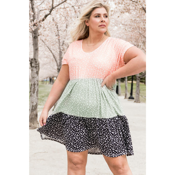 Plus Size Ditsy Floral Color Block Shift Dress - Spicie's Boutique