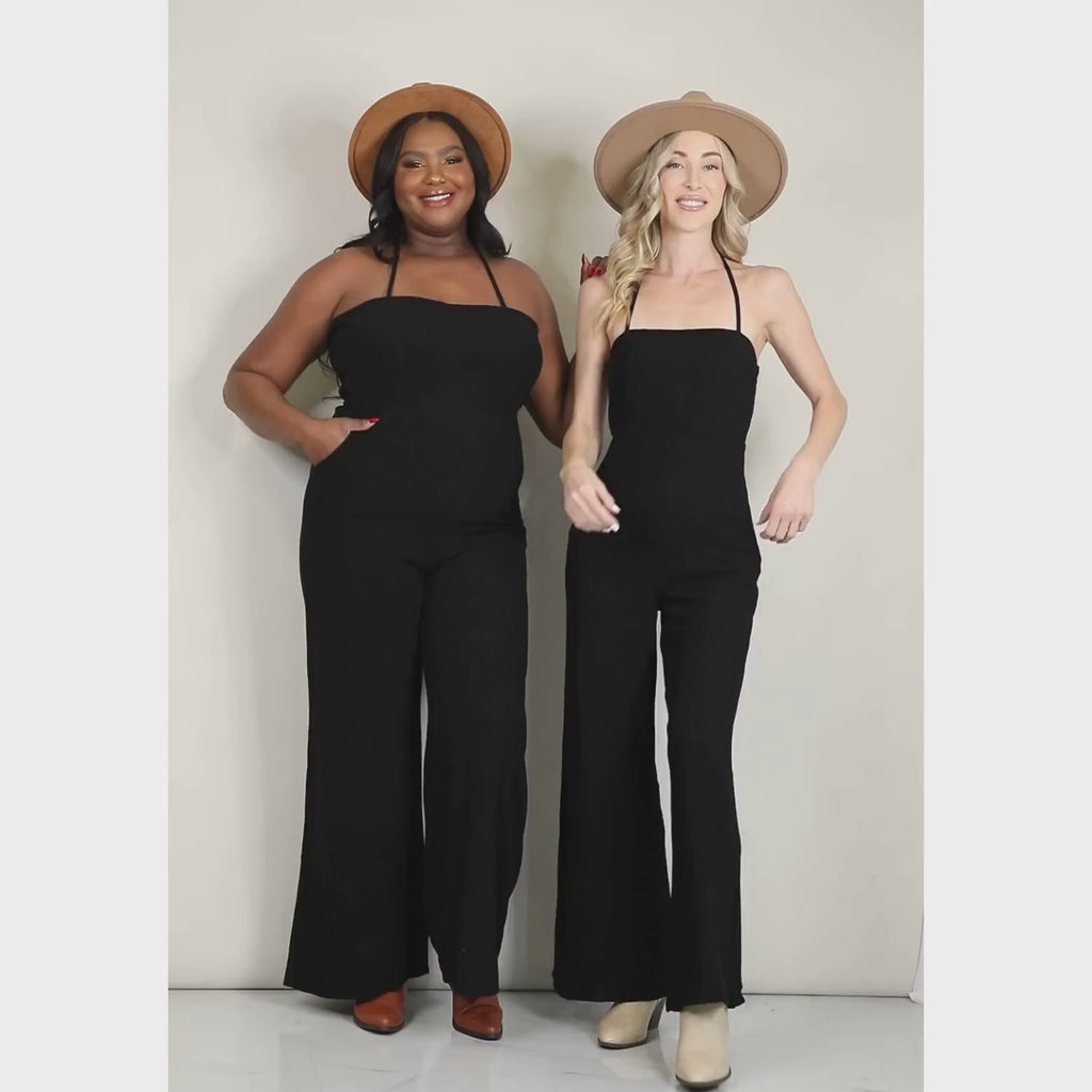 Halter Neck Wide Leg Jumpsuit w/Pockets