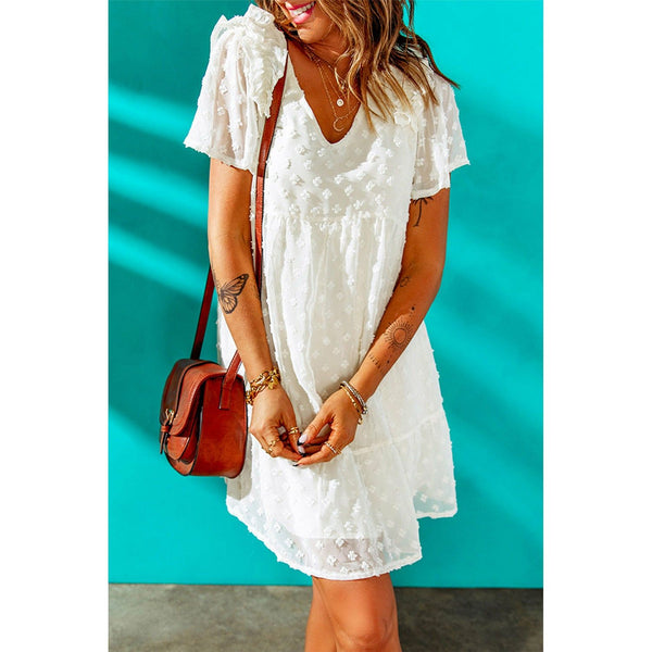 Swiss Dot Ruffle Shoulder V-Neck Babydoll Dress - Spicie's Boutique