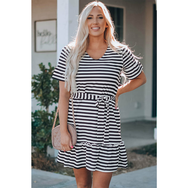 Striped Tie Waist Frill Trim Dress - Spicie's Boutique